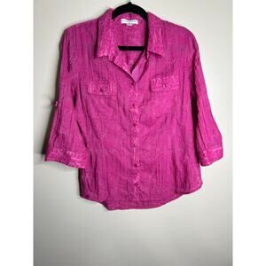 coldwater creek women sheer long sleeve button up shirt size large L pink